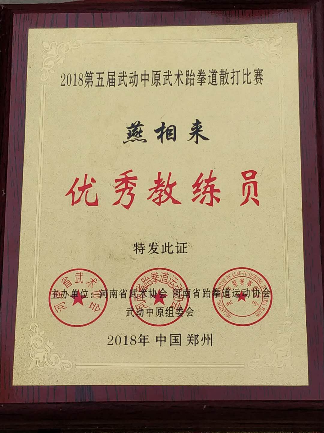 河南省武术协会，武动中原大赛组委会授予 燕相来“优秀教练